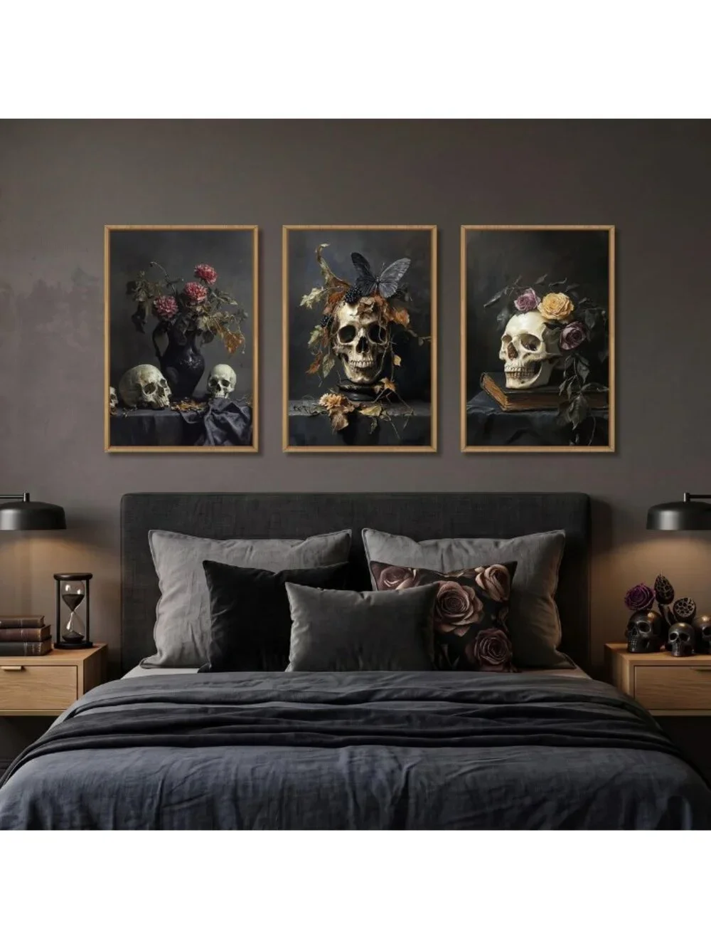 Large Vintage Skull Floral Canvas Wall Art Set - Abstract Skeleton Decor for